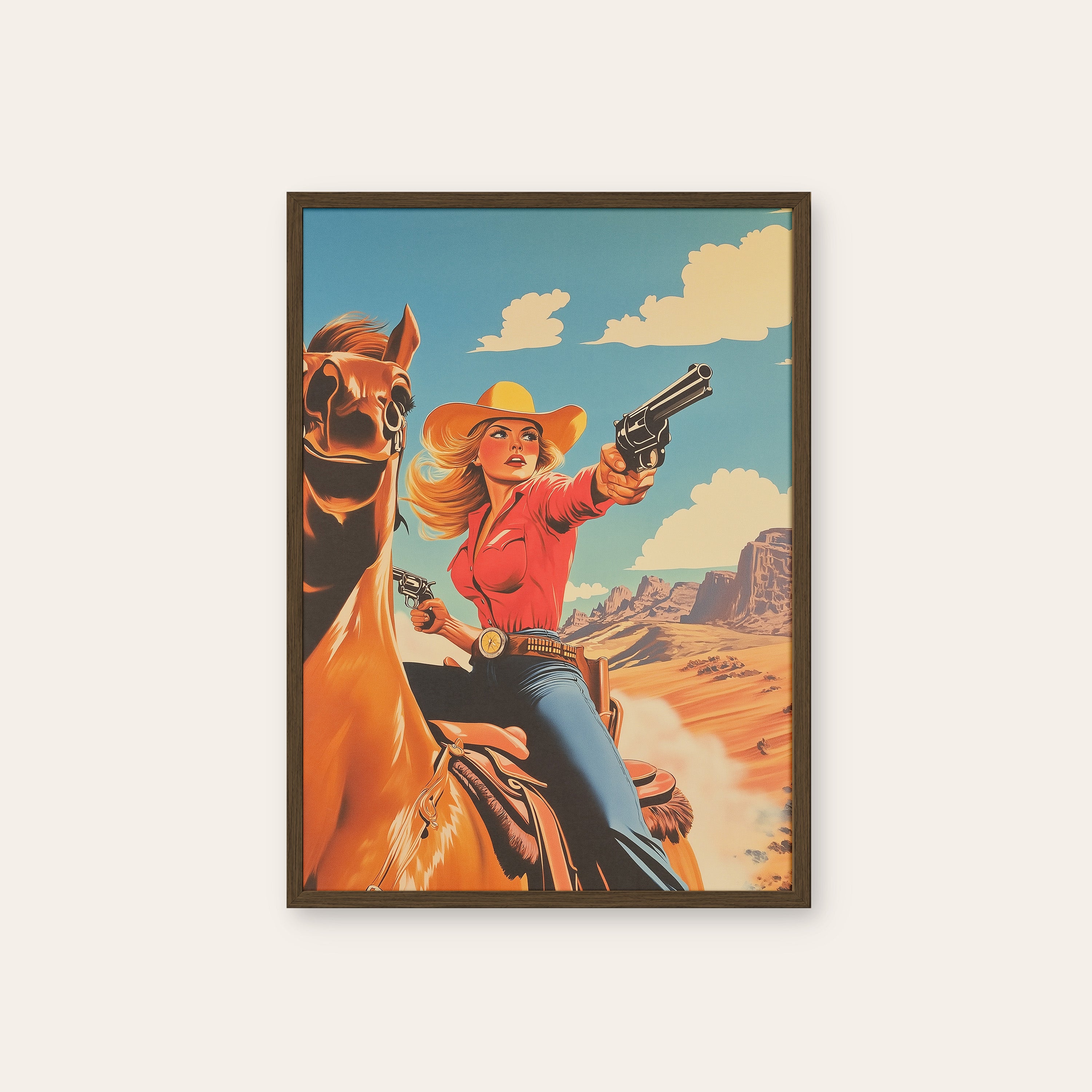 Quick Draw Cowgirl — Retro Poster Print – dark wood frame