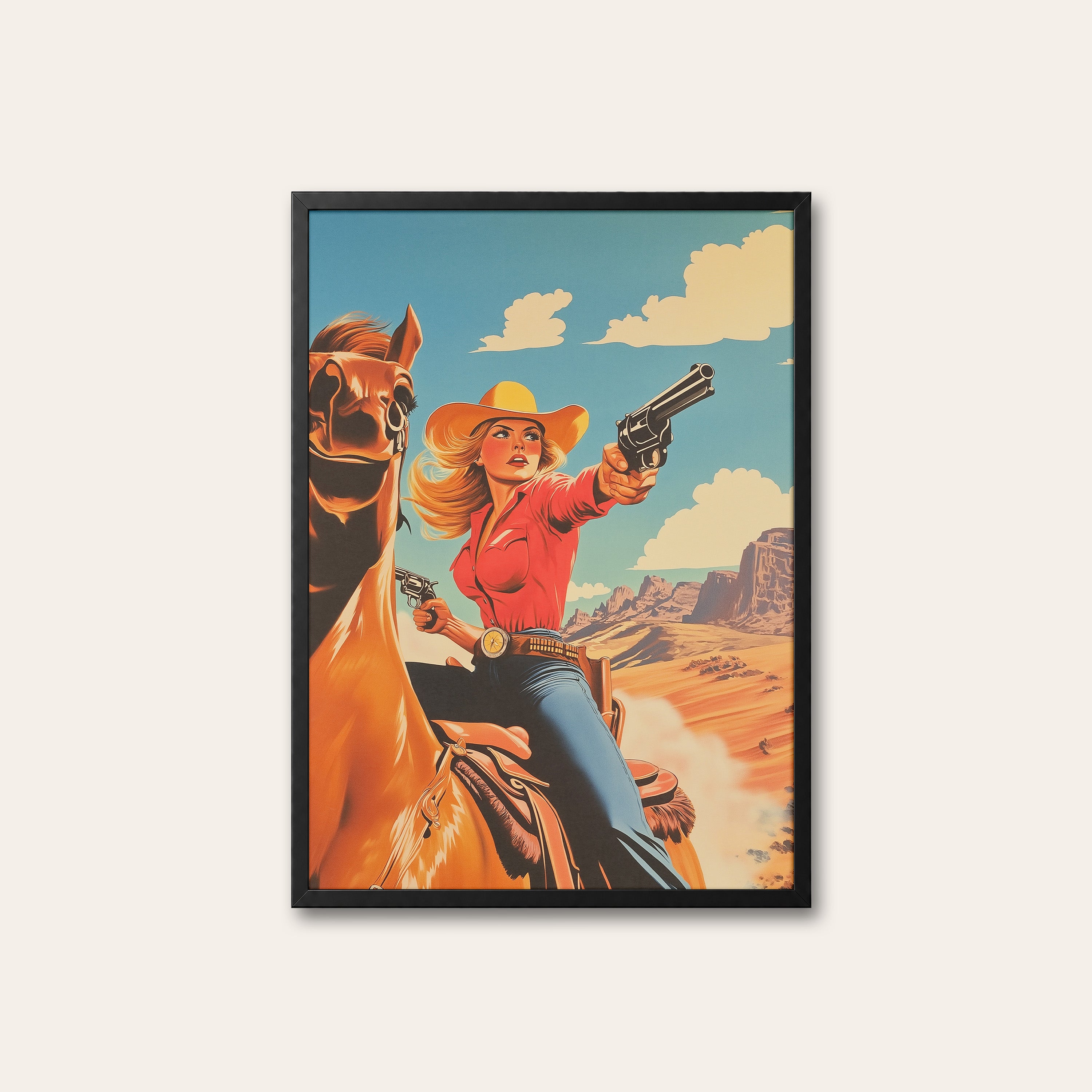 Quick Draw Cowgirl — Retro Poster Print – black frame