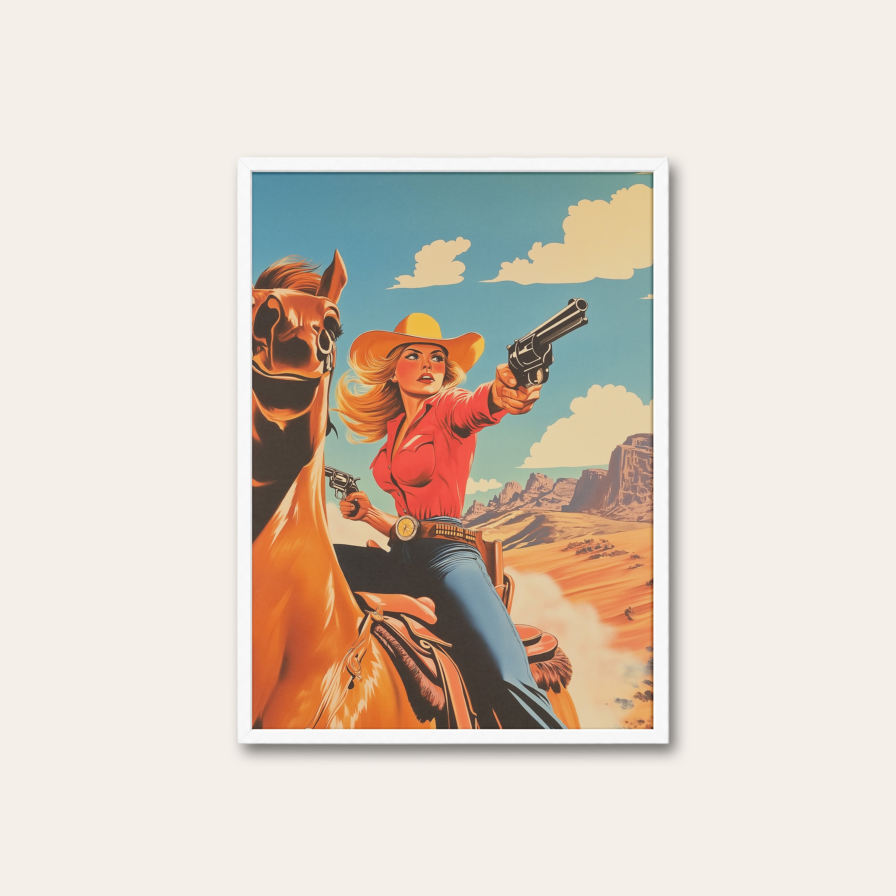 Quick Draw Cowgirl — Retro Poster Print – white frame