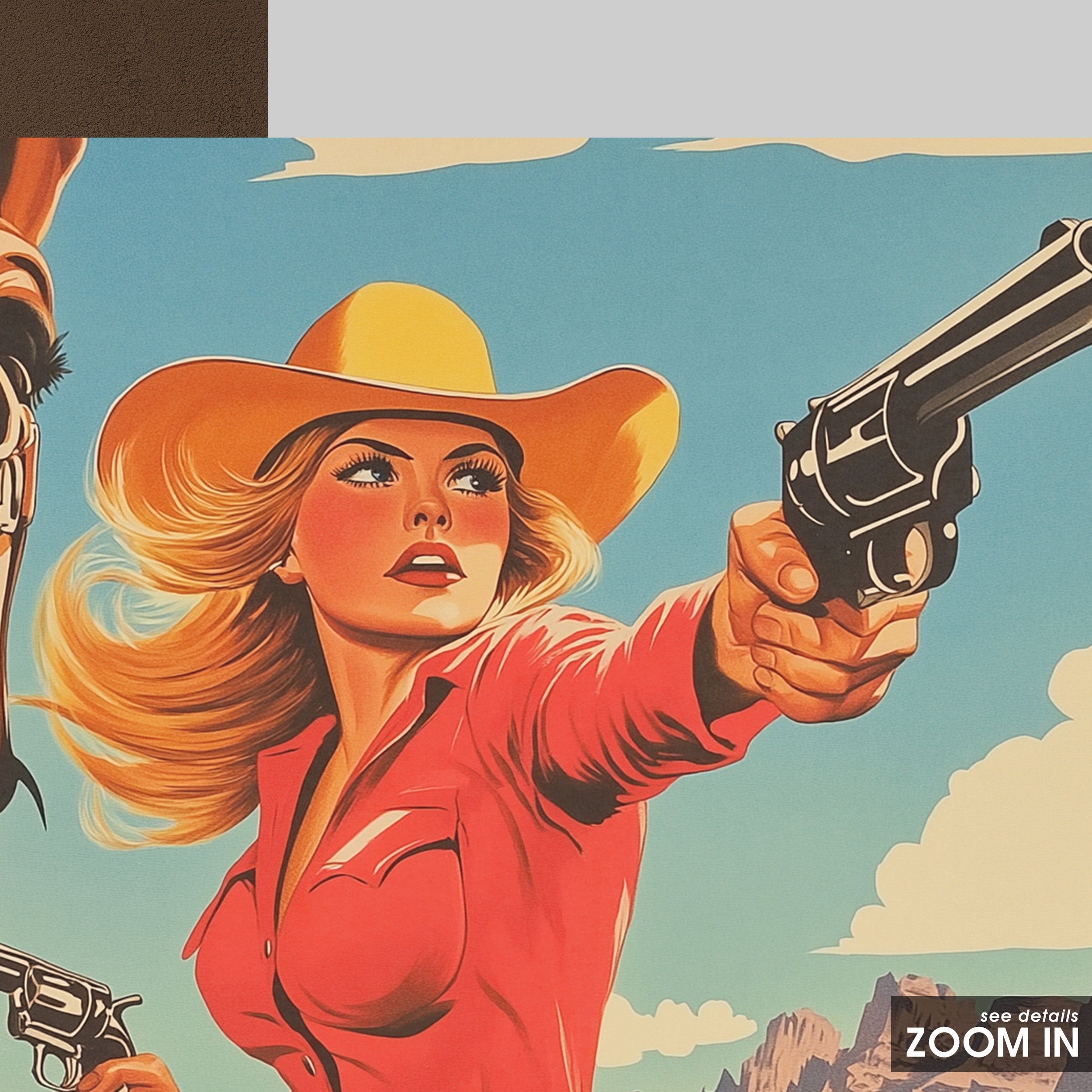 Quick Draw Cowgirl — Retro Poster Print – in room setting