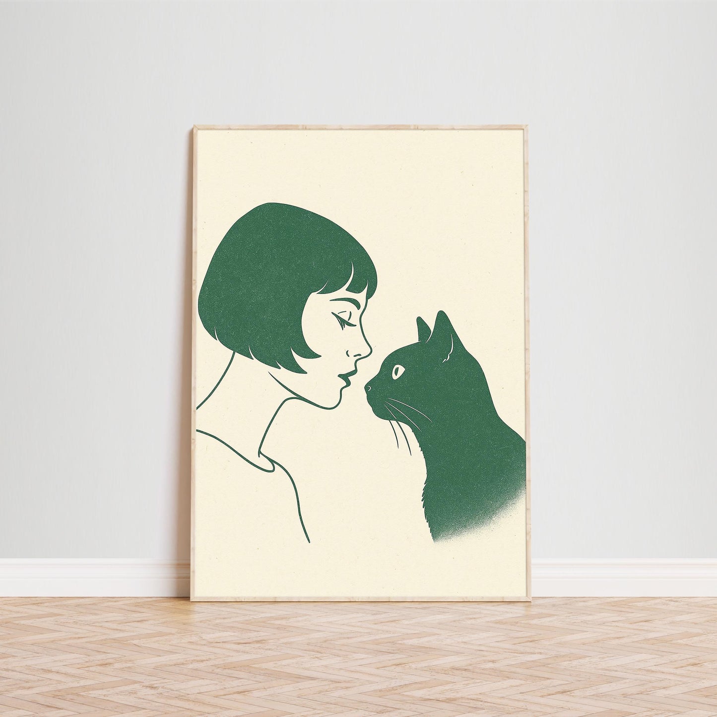Woman and Cat Minimalist Poster – Emotional Line Art Print, Cozy Neutral Wall Decor