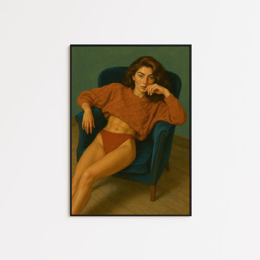 Vintage Woman Poster – Bold Feminine Portrait With Cozy Red Sweater Art