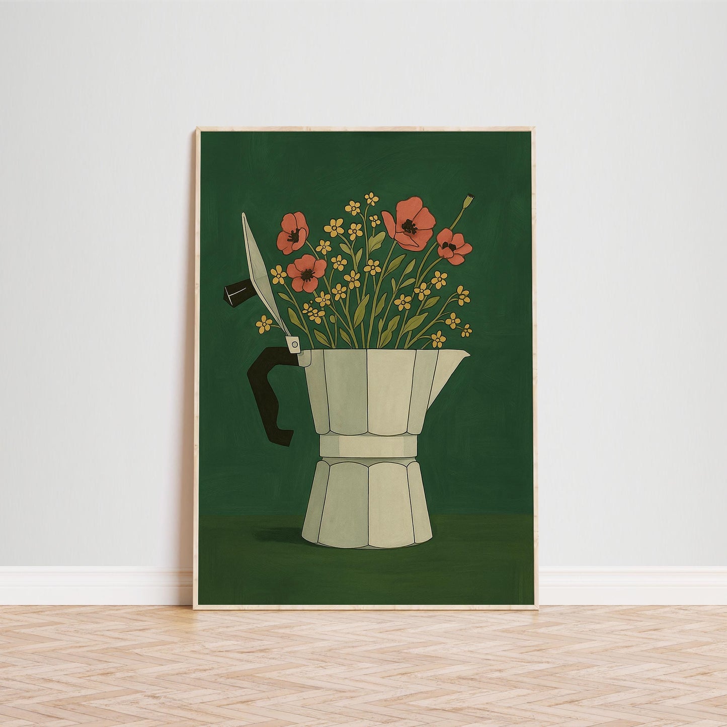 Moka Pot Poster – Vintage Coffee Art with Floral Coffee Print Vase Design