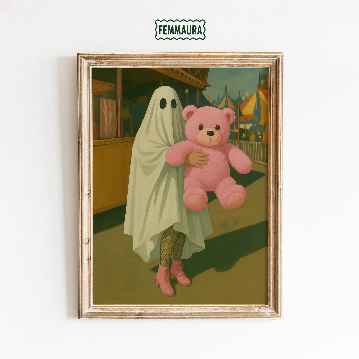 Whimsical Ghost Art - Playful Ghost Holding Pink Teddy Bear | Spooky Wall Decor