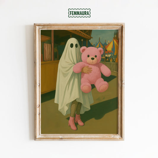 Whimsical Ghost Art - Playful Ghost Holding Pink Teddy Bear | Spooky Wall Decor
