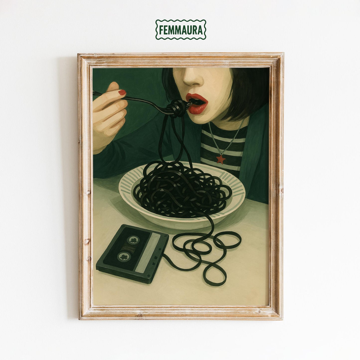 Retro Music Poster – Surreal Art Print With Cassette Tape Noodles & Quirky Wall Decor