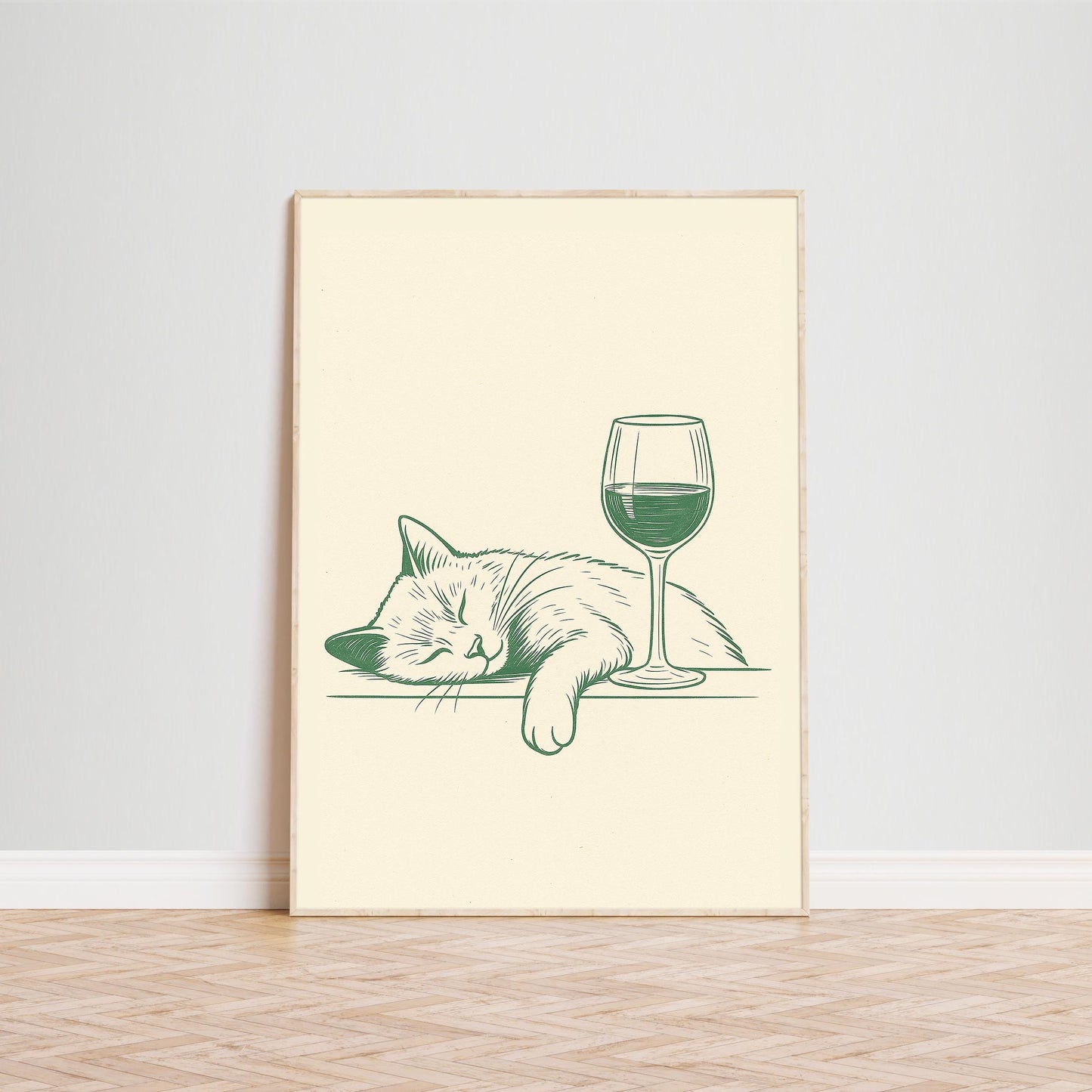 Cat and Wine Poster – Funny Minimalist Line Art, Cozy Retro Wall Art for Home