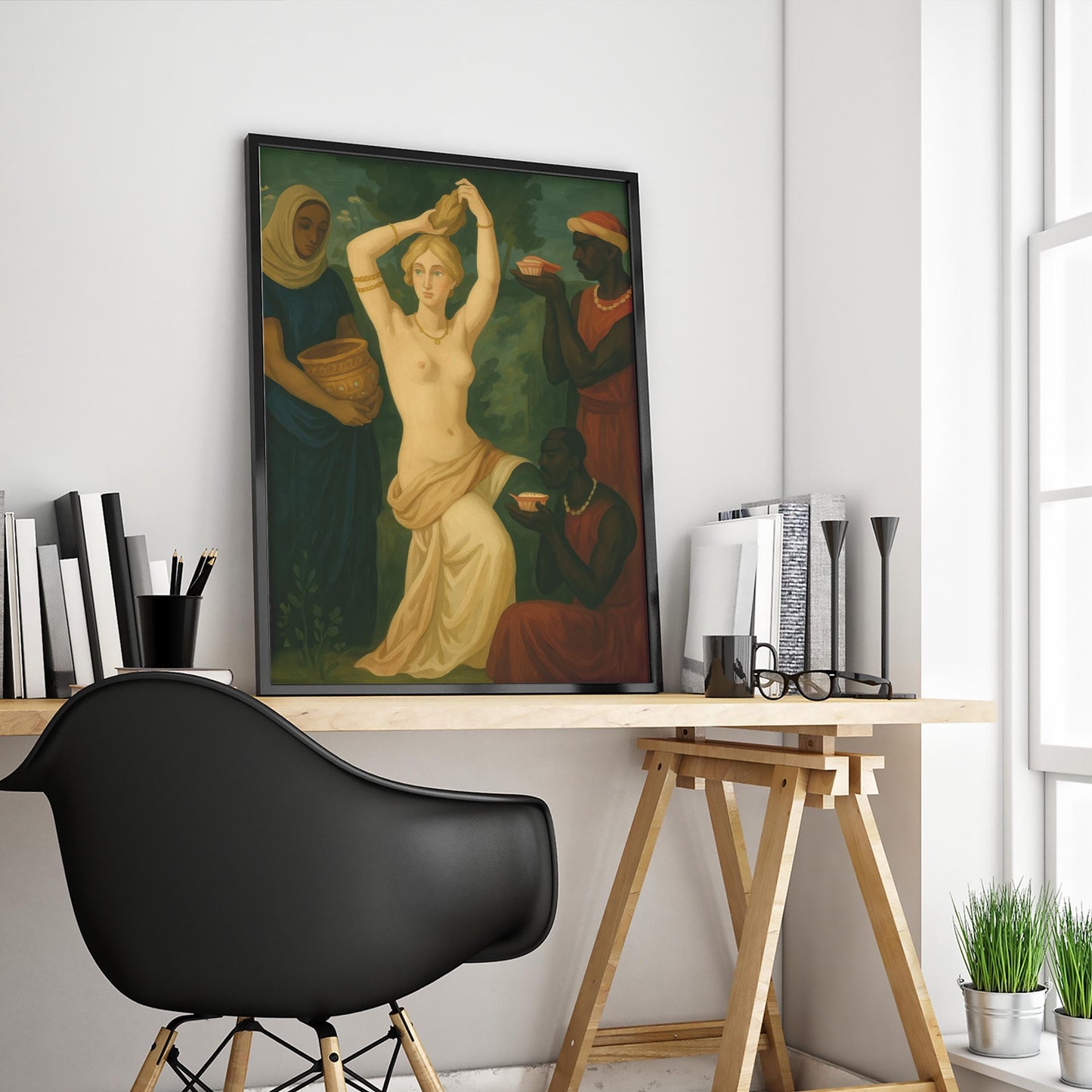 Classical Bath Scene | Vintage Wall Art - Neoclassical Painting with Warm Earthy Tones