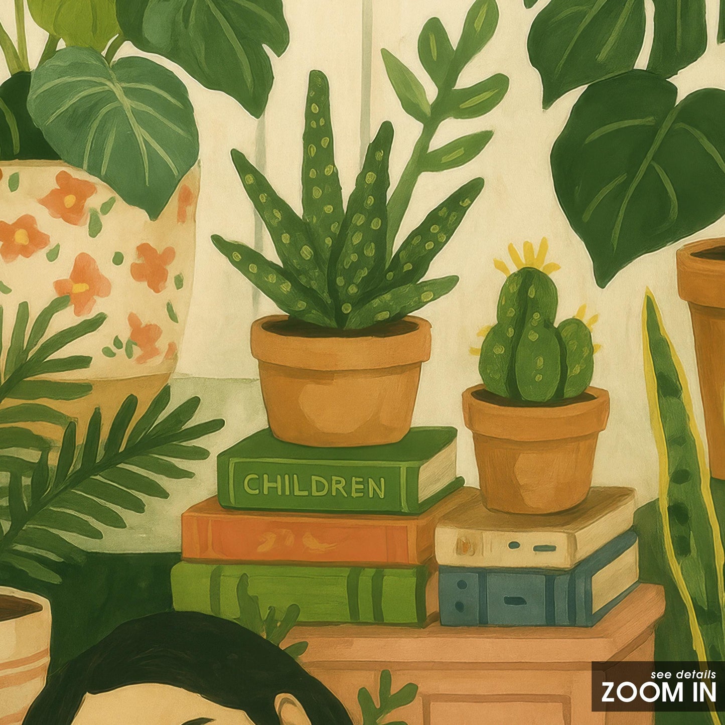 Botanical Bedroom Art – Cozy Green Wall Decor With Sleeping Girl Illustration