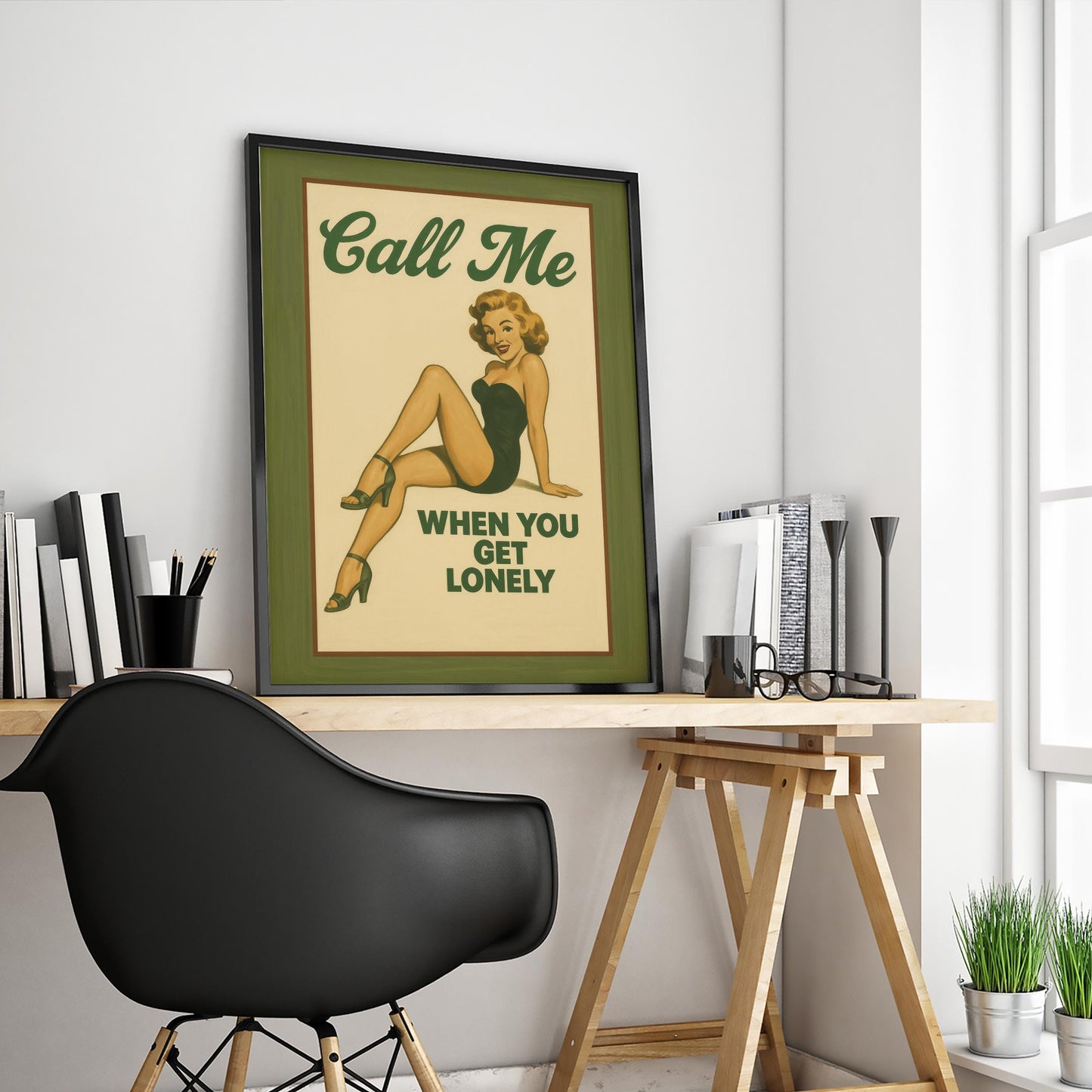 Retro Pin-Up Poster – Vintage Wall Art With Cheeky Olive Green Charm