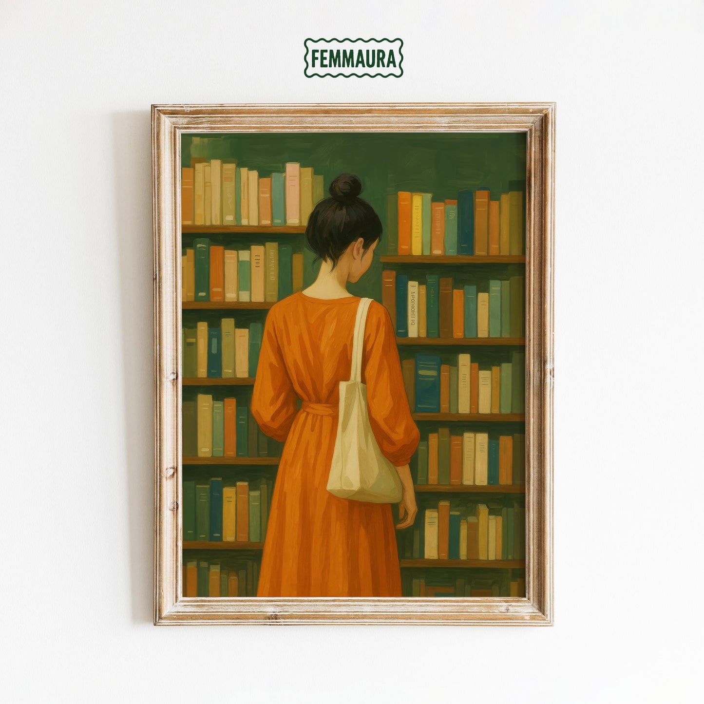 Bookstore Girl Poster – Quiet Reading Art | Orange Dress, Cozy Library Wall Print