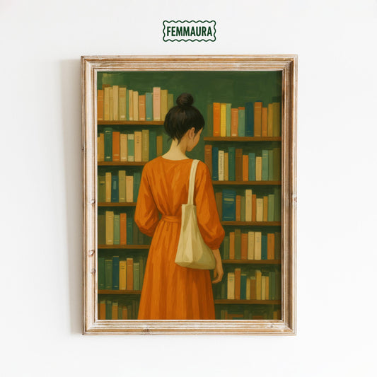 Bookstore Girl Poster – Quiet Reading Art | Orange Dress, Cozy Library Wall Print