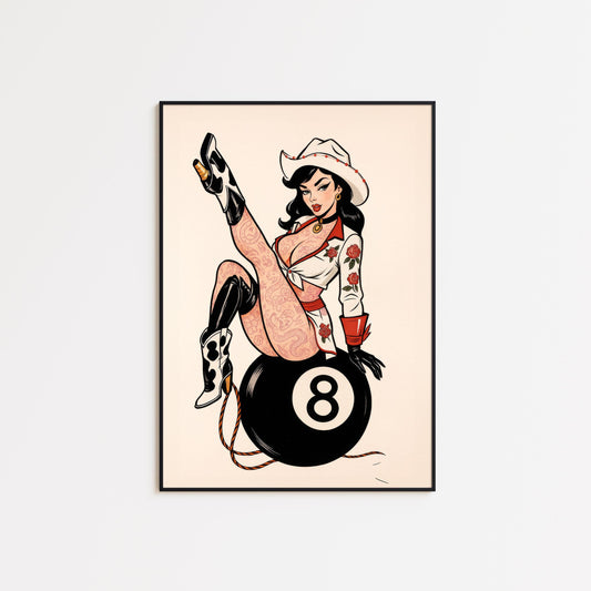 Retro Cowgirl Art – Bold Western Pinup Poster | Vintage 8 Ball Artwork