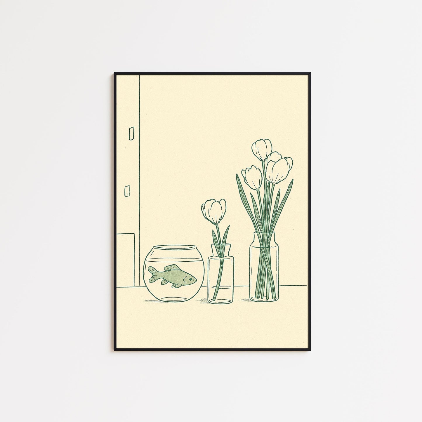 Goldfish and Tulips Poster – Minimal Green Line Art for Calm Interiors