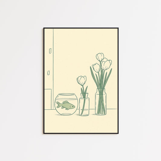Goldfish and Tulips Poster – Minimal Green Line Art for Calm Interiors