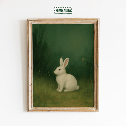 White Rabbit Nursery Art – Vintage Green Forest Animal Decor Print