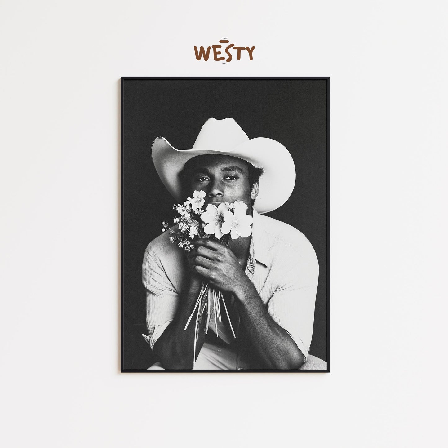 Cowboy with Flowers Poster – Black & White Western Wall Art