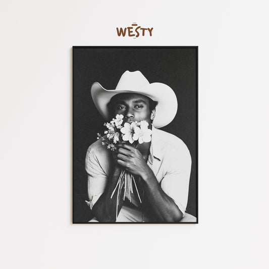 Cowboy with Flowers Poster – Black & White Western Wall Art