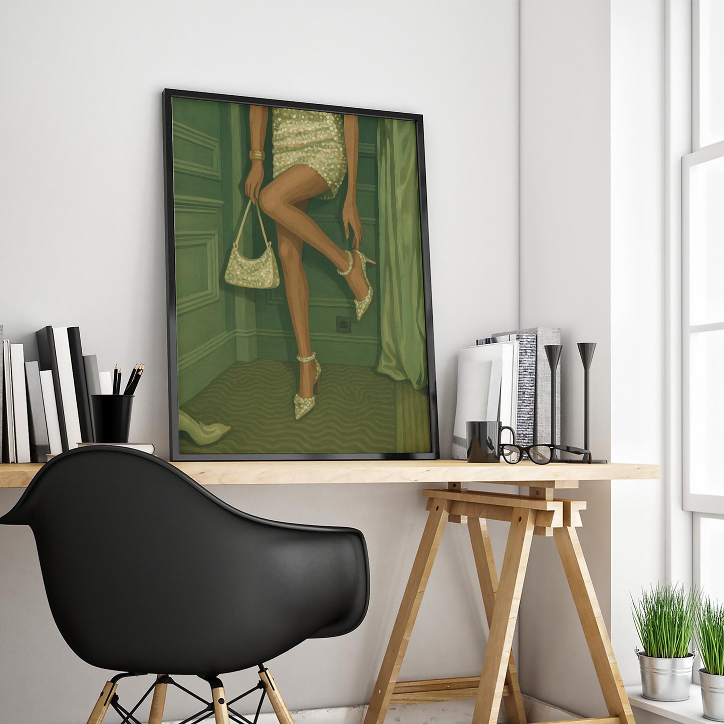 Feminine Wall Art – Glam Legs Artwork in Green Tone Poster with Pearl Dress Print