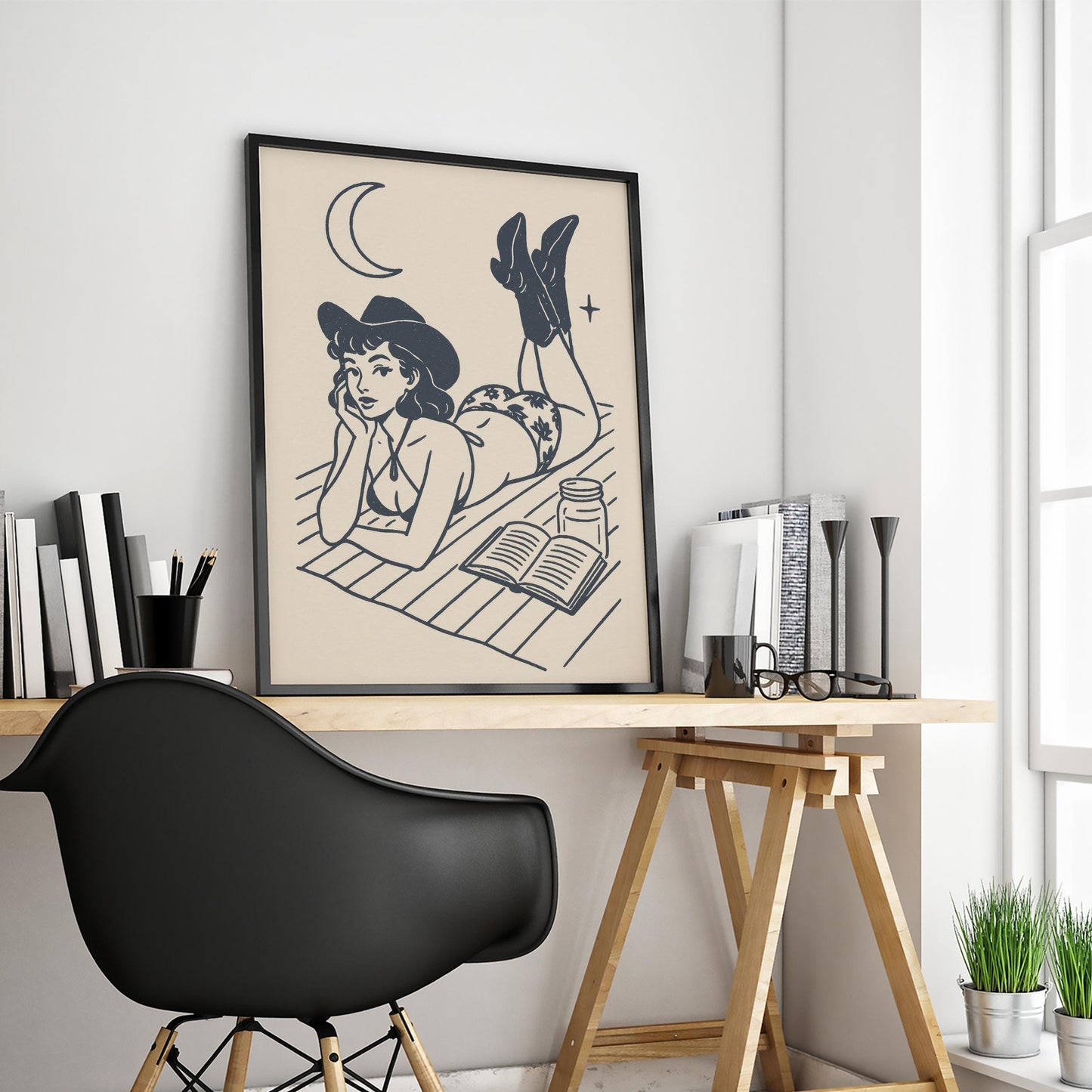 Western Pin-Up Poster – Moonlight Cowgirl Reading Retro Wall Art Print