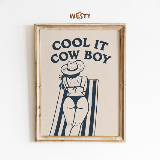 Cool It Cowboy Poster – Retro Cowgirl Bikini Print for Summer Wall Decor