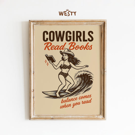 Cowgirls Read Books Poster – Retro Western Girl Surf Print