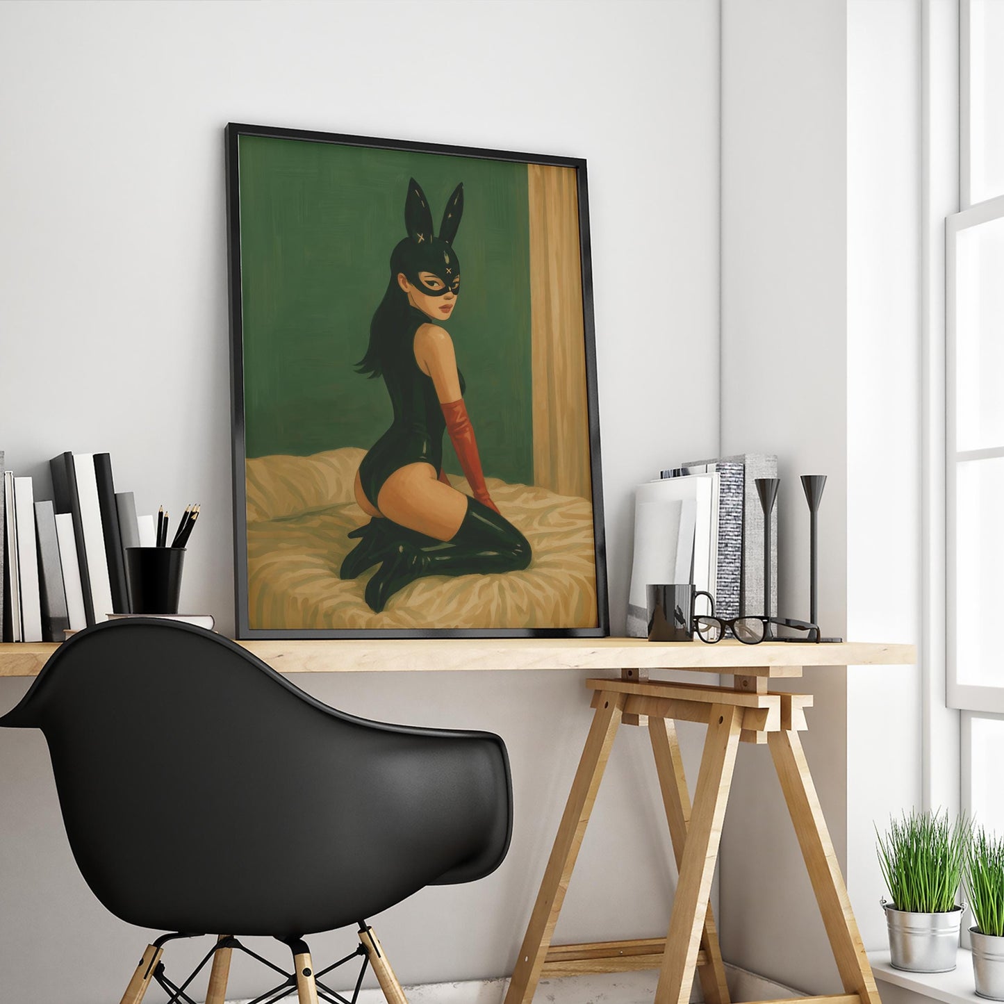 Femme Fatale Poster – Bunny Mask Art | Seductive Wall Print for Bedroom Decor