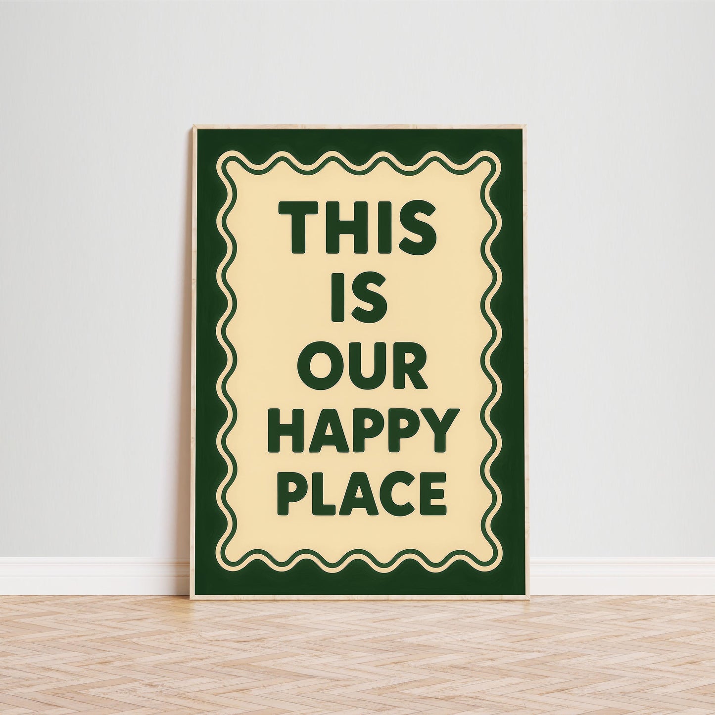 Retro Quote Print – Happy Place Poster With Wavy Frame Artwork & Vintage Wall Art