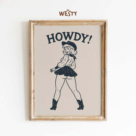Howdy Cowgirl Print – Retro Western Pin-Up Poster for Bold Wall Decor