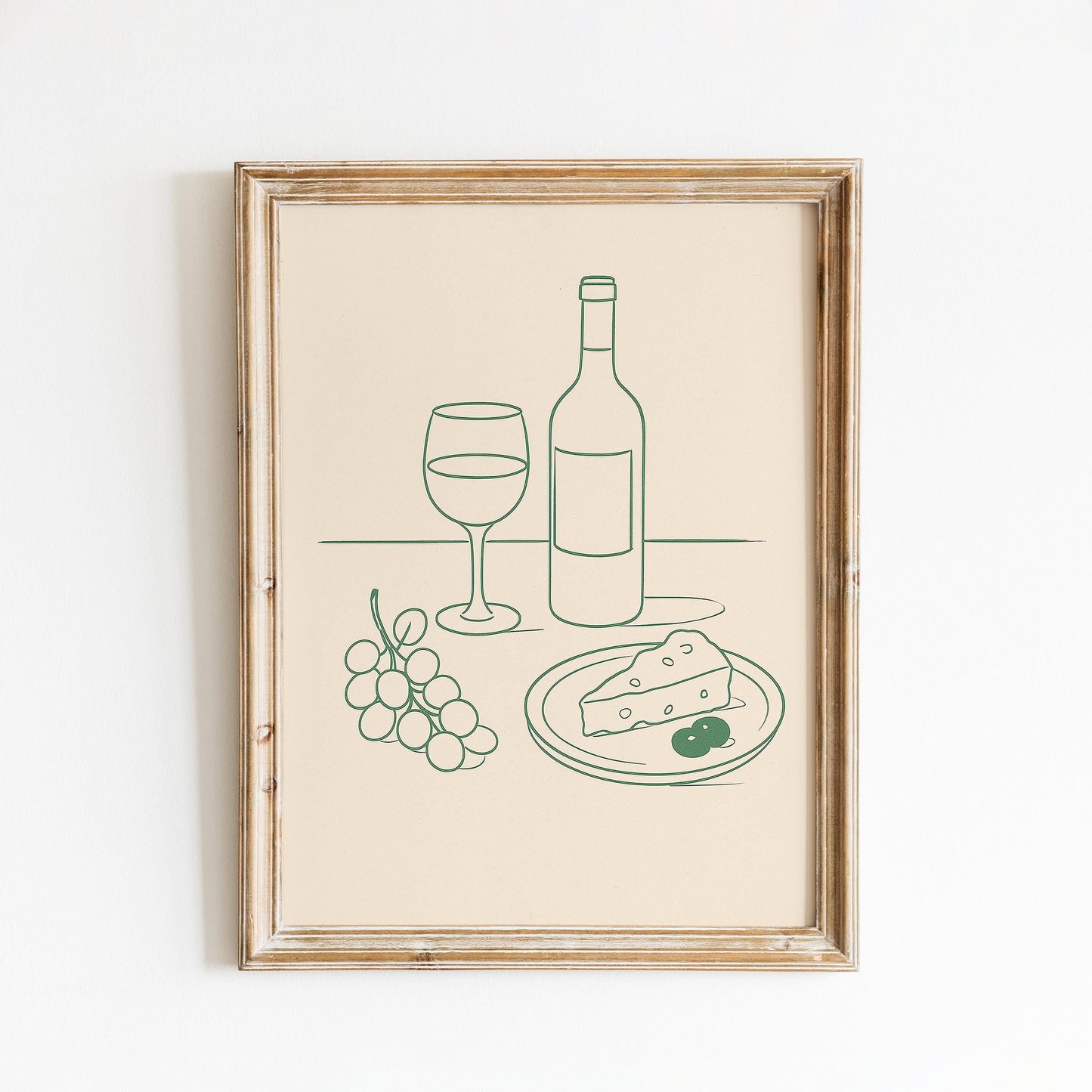 Wine and Cheese Line Art Print – Minimalist Kitchen Wall Art, Neutral Dining Decor