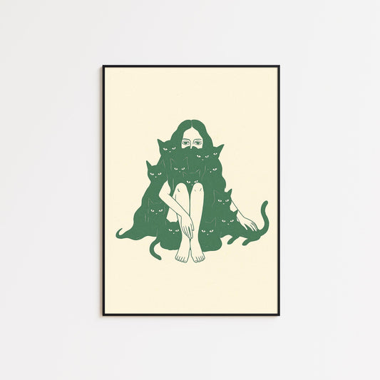 Woman with Cats Poster – Minimal Surreal Line Art Print, Femmaura Bold Series
