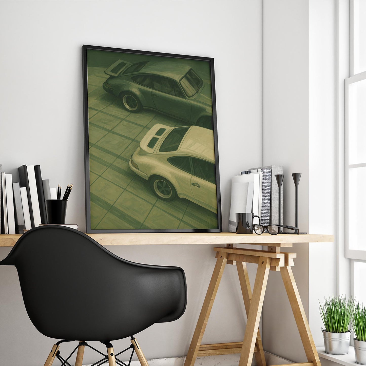 Classic Porsche Wall Art – Vintage Car Artwork Green Retro Poster Print