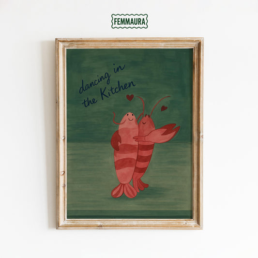 Romantic Lobster Wall Art – Cute Kitchen Decor | Dancing Lobster Poster Print