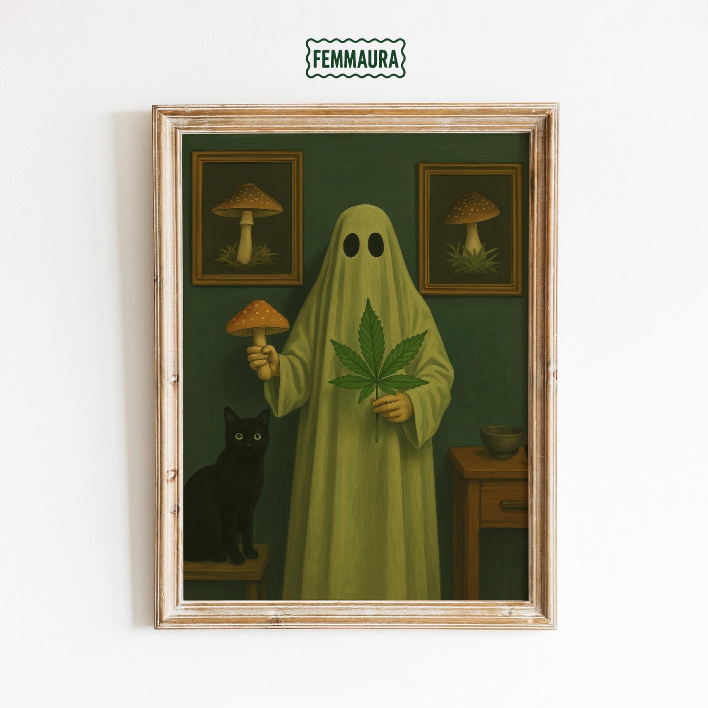 Gothic Surreal Wall Art – Ghost With Mushroom, Leaf & Black Cat Print