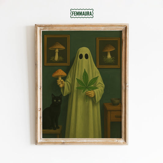 Gothic Surreal Wall Art – Ghost With Mushroom, Leaf & Black Cat Print