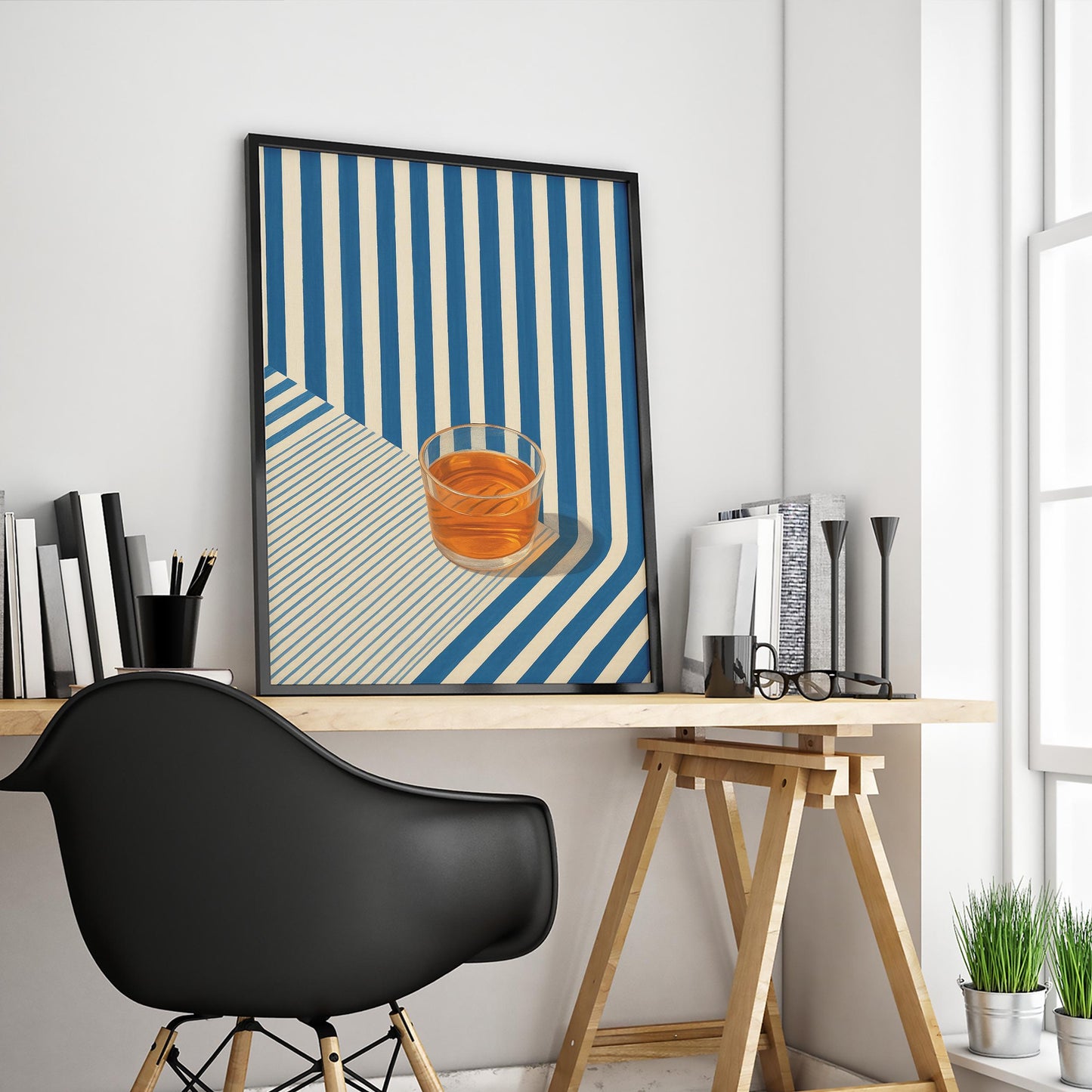 Retro Whiskey Poster – Striped Vintage Bar Art With Geometric Blue Stripe Design