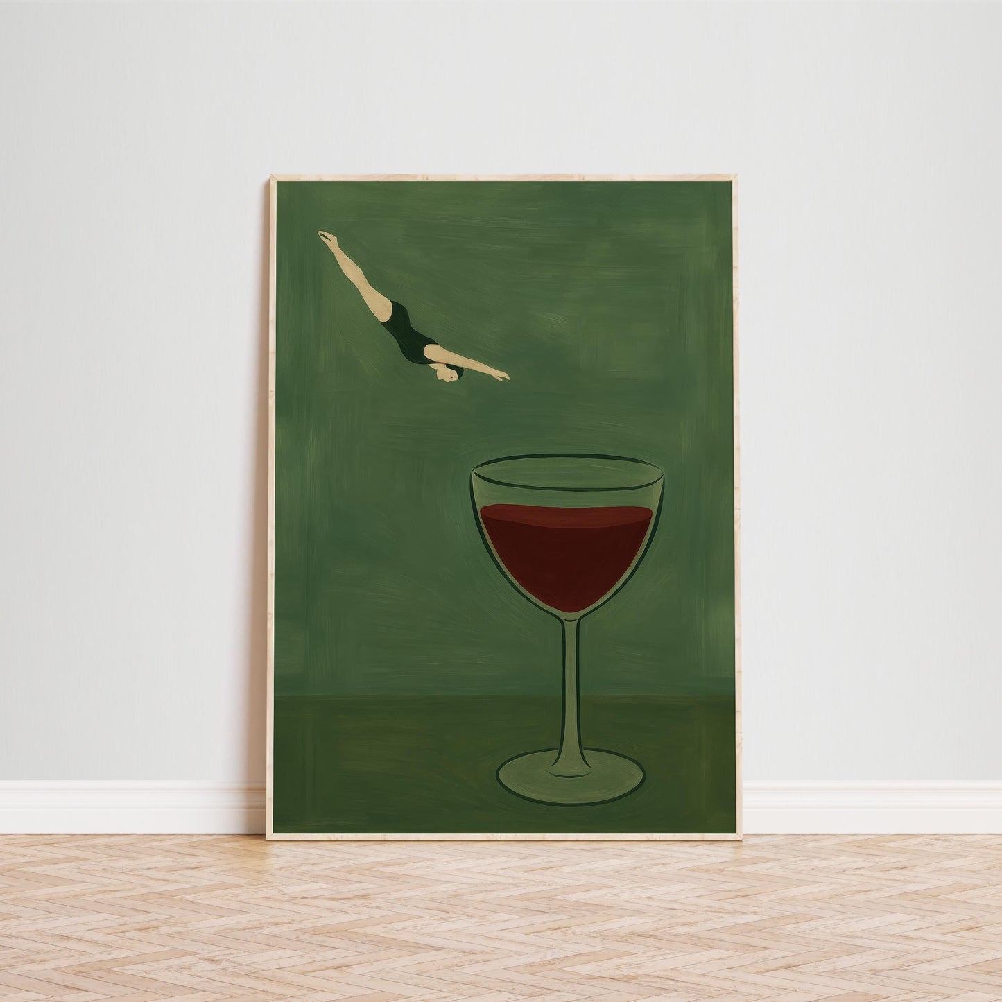 Minimalist Surrealist Poster – Diving Wine Artwork with Green Background & Poetic Charm