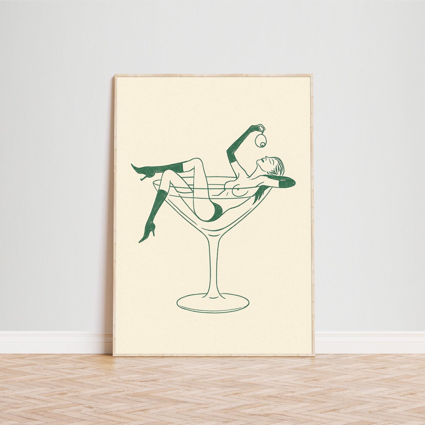 Martini Girl Line Art Print – Minimalist Retro Poster, Feminine Bar Wall Art