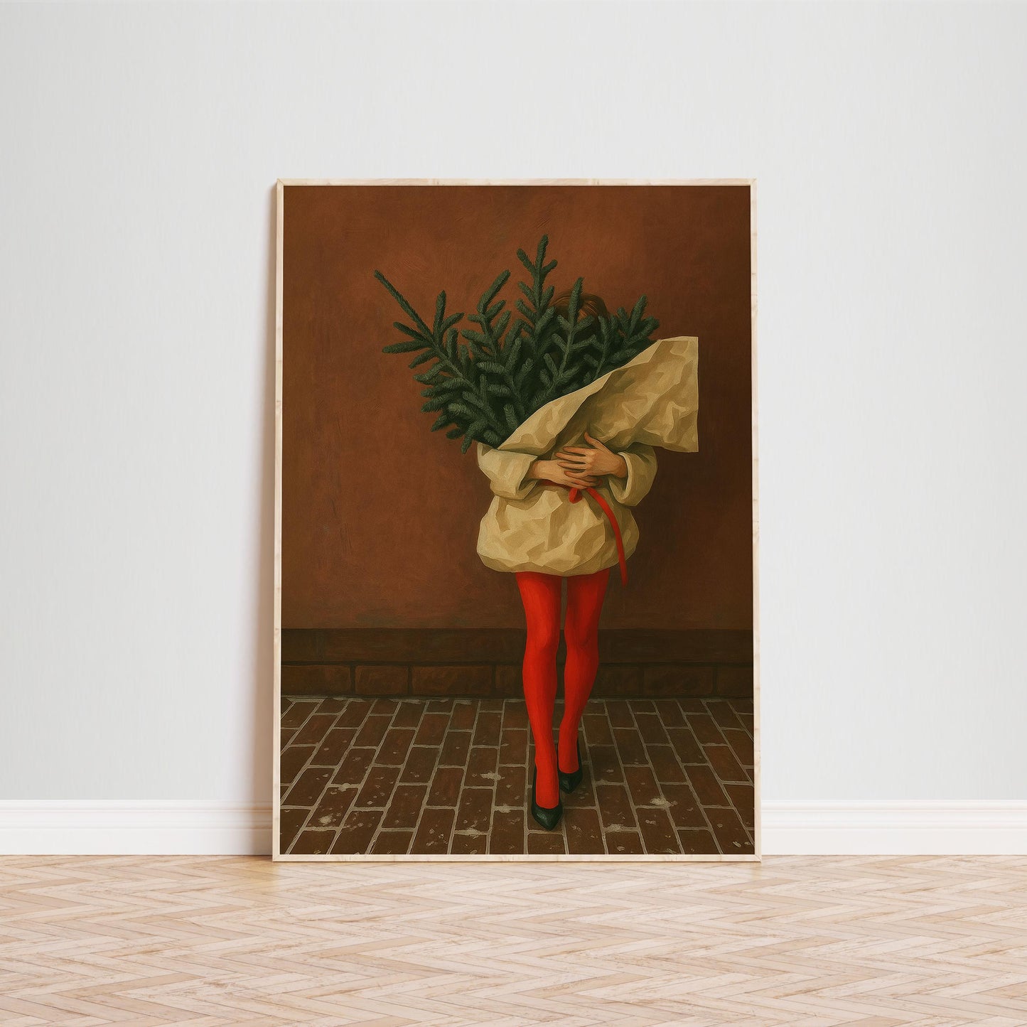 Christmas Tree Poster – Minimalist Holiday Wall Art With Woman Carrying Tree