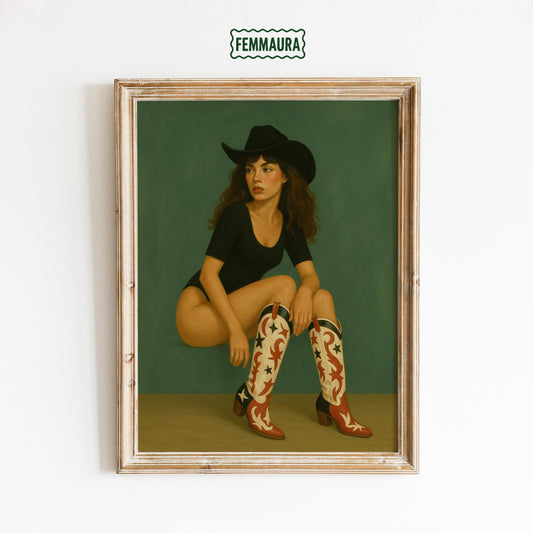 Cowgirl Squat Poster – Retro Western Wall Art With Bold Cowgirl Boots Print