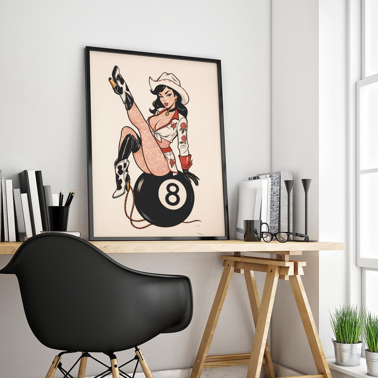 Retro Cowgirl Art – Bold Western Pinup Poster | Vintage 8 Ball Artwork