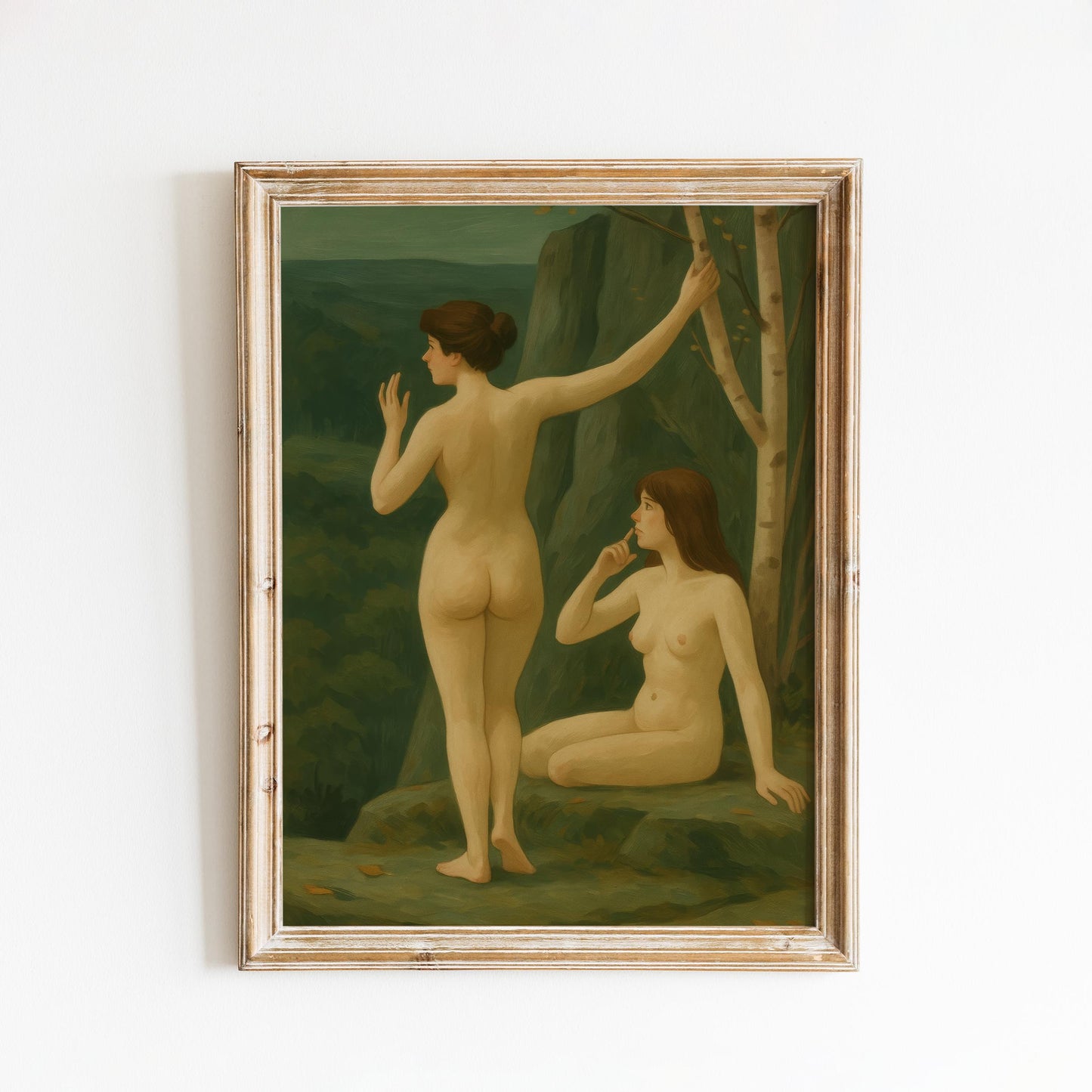 Forest Nudes Poster – Feminine Nature Art With Earthy Green Tones & Pastoral Scene