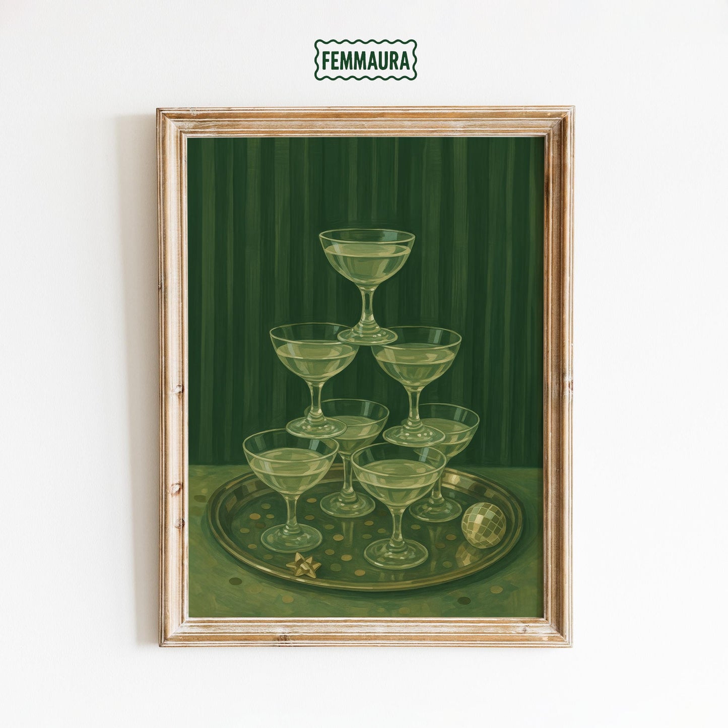 Champagne Glass Poster – Retro Glam Decor | Party Wall Art in Deep Green