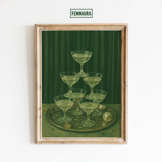 Champagne Glass Poster – Retro Glam Decor | Party Wall Art in Deep Green