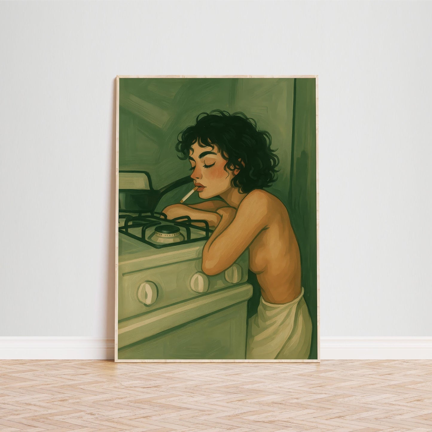 Sad Girl Poster – Moody Kitchen Art With Curly Hair Print & Feminine Soft Decor