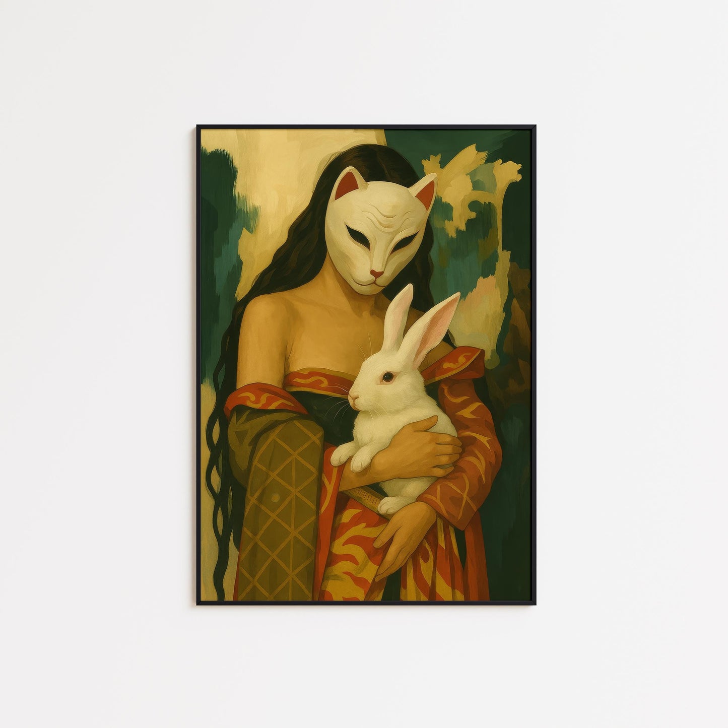 Surreal Femme Art Print – Gothic Renaissance Masked Woman & Symbolic Rabbit