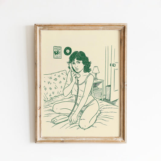 Girl on the Phone Poster – Vintage Bedroom Line Art Print