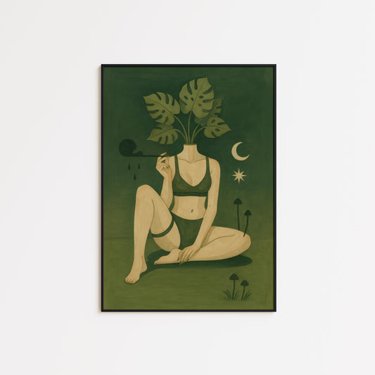 Botanical Goddess Wall Art – Mystical Green Muse Monstera Leaf Print