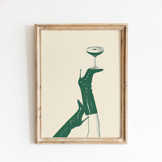 Champagne Balance Poster – Minimal Heels and Cocktail Line Art Print