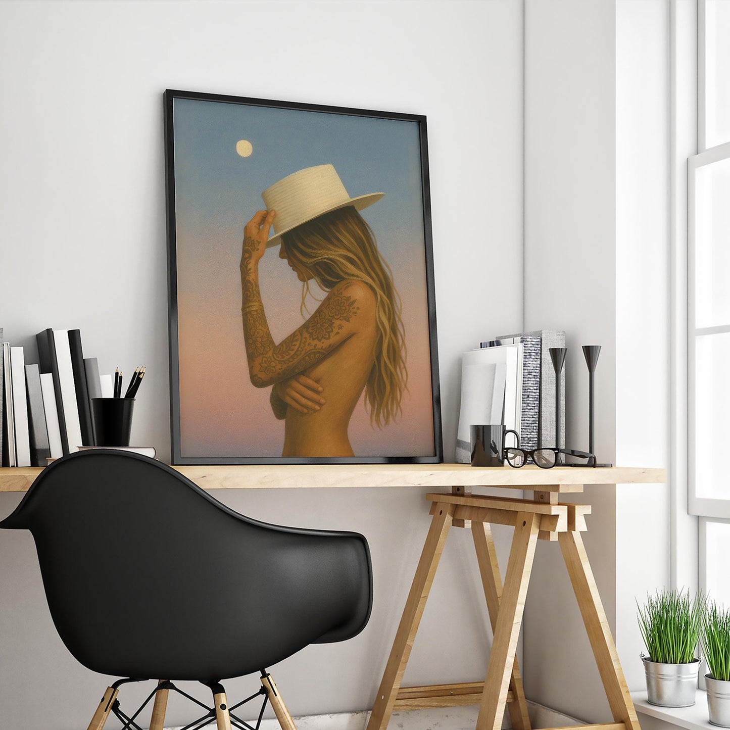 Boho Western Wall Art – Tattoo Woman Poster | Moonlight Desert Sunset Print